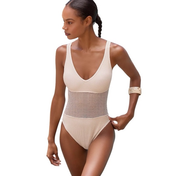 Sanctuary Sea Mesh Crochet V-Neck High Leg One Piece Beige Cut-Out Swimsuit, L - Picture 1 of 16